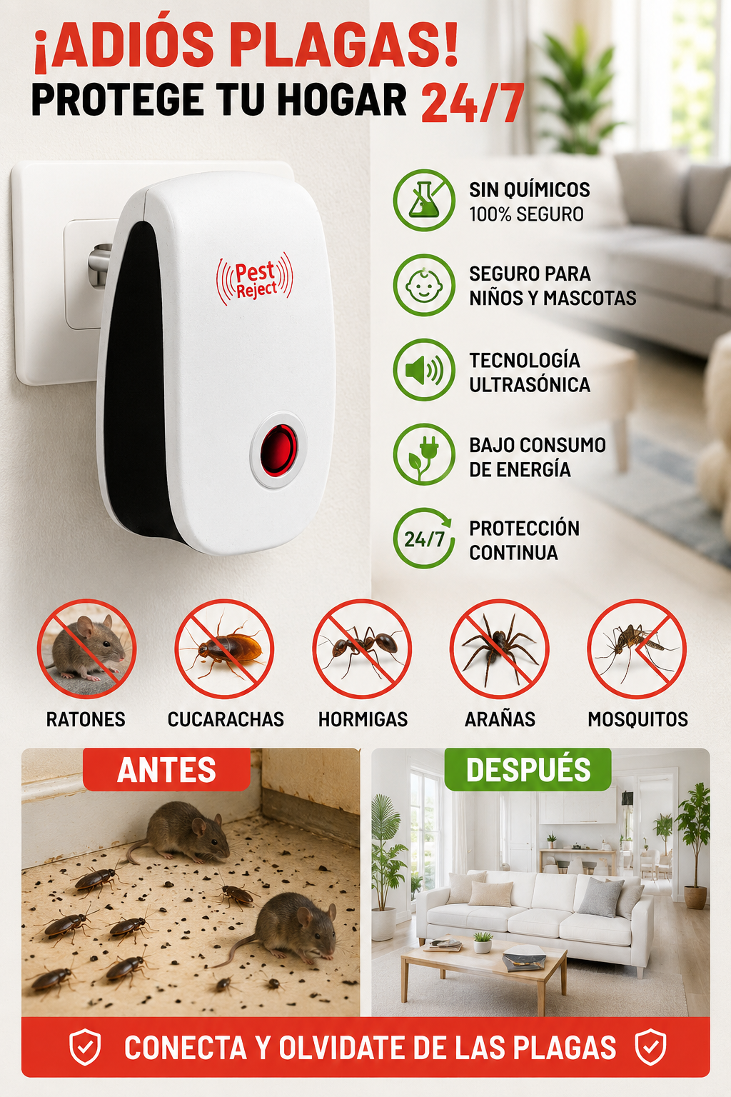 Repelente Ultrasónico para Insectos y Roedores